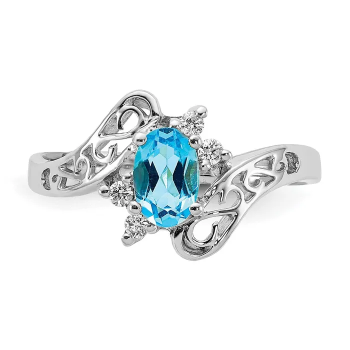 Rings Goldiacom 14k White Gold 6x4mm Oval Blue Topaz Checker AA Real Diamond ring