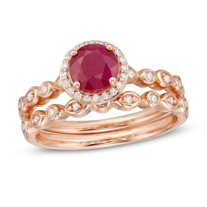 Rings Goldiacom 60mm Ruby and 15 CT TW Diamond Frame Geometric Shank Bridal Engagement Ring Set in 14K Rose Gold Rings Goldiacom 60mm Ruby and 15 CT TW Diamond Frame Geometric Shank Bridal Engagement Ring Set in 14K Rose Gold