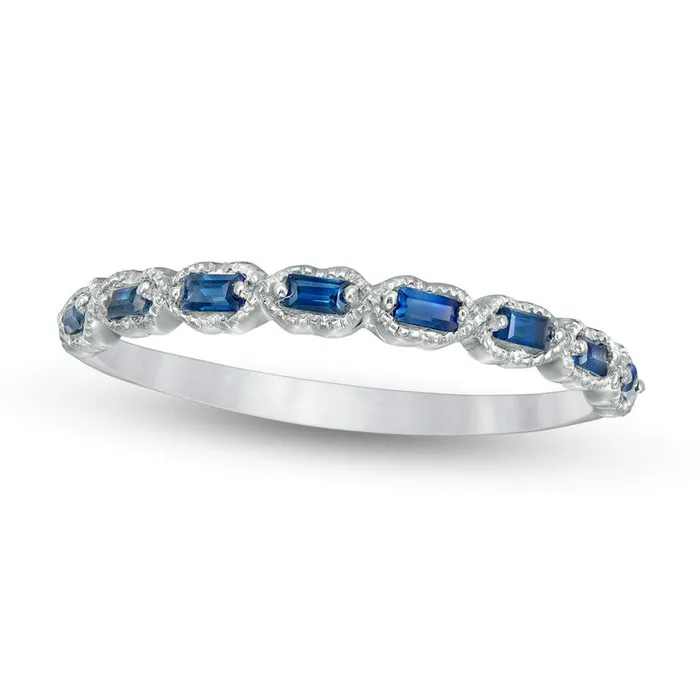 Sideways Baguette Blue Sapphire X Antique VintageStyle Ring in Solid 10K White Gold Goldia Rings Sideways Baguette Blue Sapphire X Antique VintageStyle Ring in Solid 10K White Gold Goldia Rings