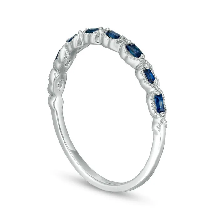Sideways Baguette Blue Sapphire X Antique VintageStyle Ring in Solid 10K White Gold Goldia Rings Sideways Baguette Blue Sapphire X Antique VintageStyle Ring in Solid 10K White Gold Goldia Rings