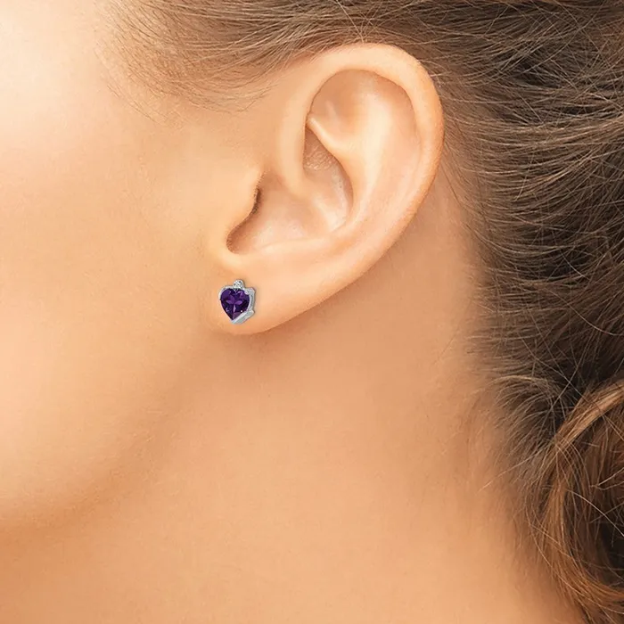 Solid 14k White Gold Simulated Amethyst and CZ Heart Earrings Goldia Earrings