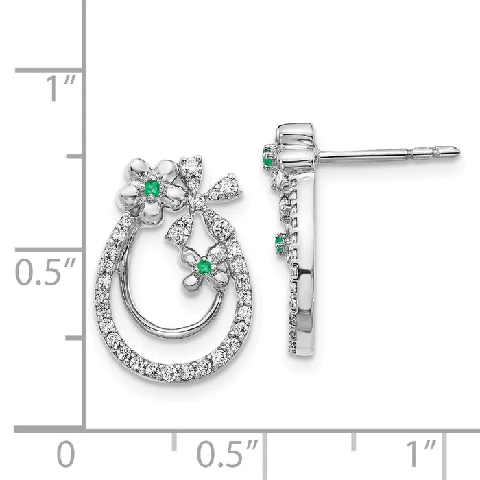 Solid 14k White Gold Simulated CZ Emerald Flower Earrings Goldia Earrings