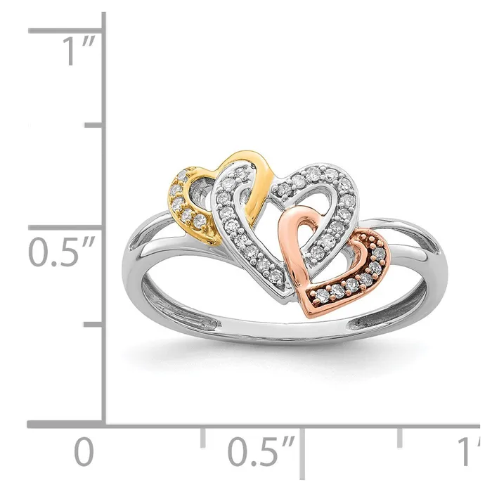 Sterling Silver Rhodium u0026 14k YellowRose Gold Diamonds Three Heart Ring Goldia Rings