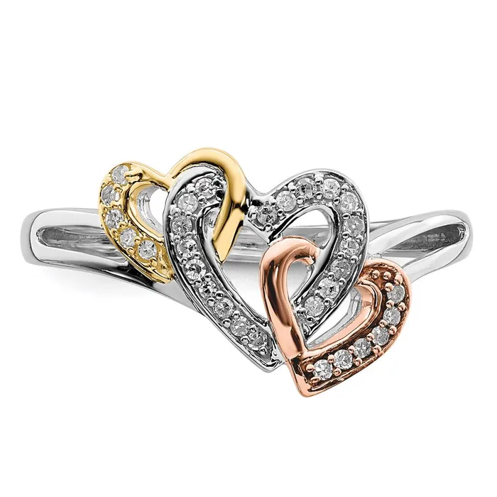 Sterling Silver Rhodium u0026 14k YellowRose Gold Diamonds Three Heart Ring Goldia Rings