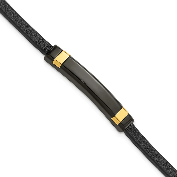 Bracelets Stainless Steel Polished BlackYellow IP Black Leather 85in Bracelet TreasureFineJewelers Bracelets Stainless Steel Polished BlackYellow IP Black Leather 85in Bracelet TreasureFineJewelers