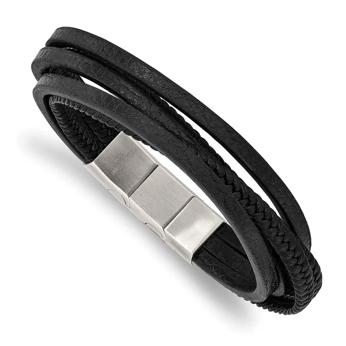Bracelets TreasureFineJewelers Chisel Stainless Steel Polished Multi Strand Black PU Leather 8 inch Bracelet with 5 inch Extension Bracelets TreasureFineJewelers Chisel Stainless Steel Polished Multi Strand Black PU Leather 8 inch Bracelet with 5 inch Extension