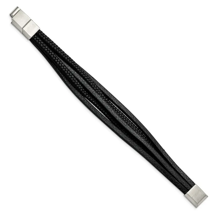 Bracelets TreasureFineJewelers Chisel Stainless Steel Polished Multi Strand Black PU Leather 8 inch Bracelet with 5 inch Extension