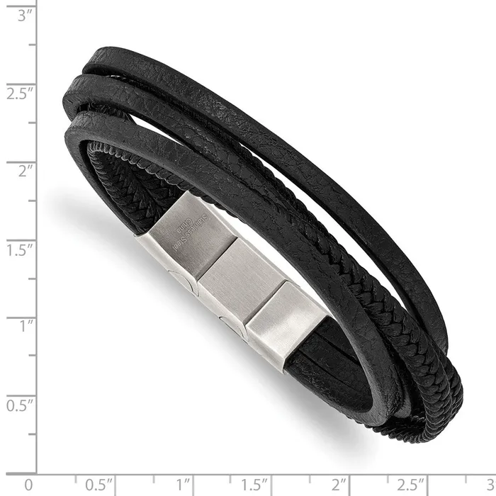 Bracelets TreasureFineJewelers Chisel Stainless Steel Polished Multi Strand Black PU Leather 8 inch Bracelet with 5 inch Extension