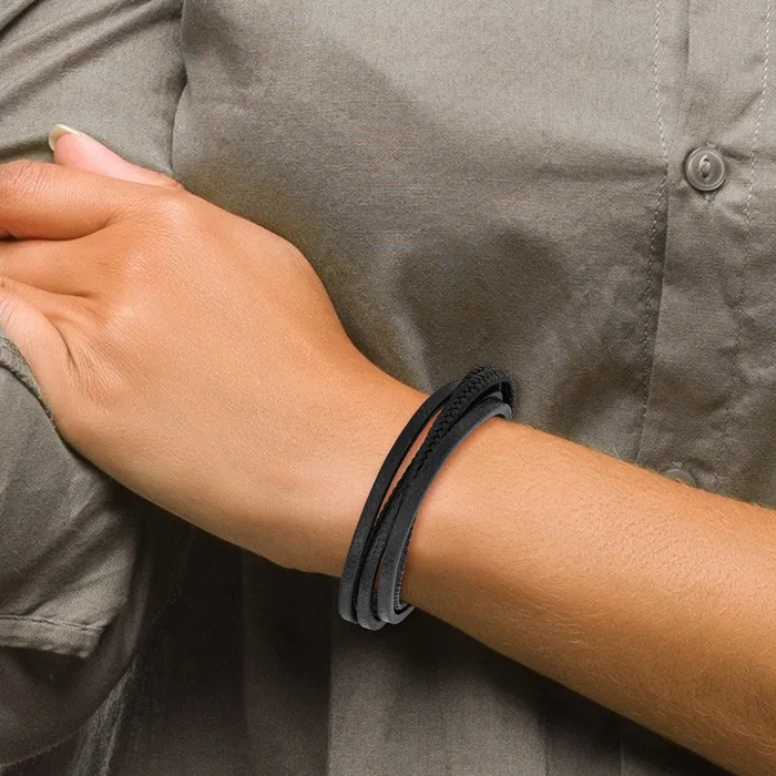 Bracelets TreasureFineJewelers Chisel Stainless Steel Polished Multi Strand Black PU Leather 8 inch Bracelet with 5 inch Extension