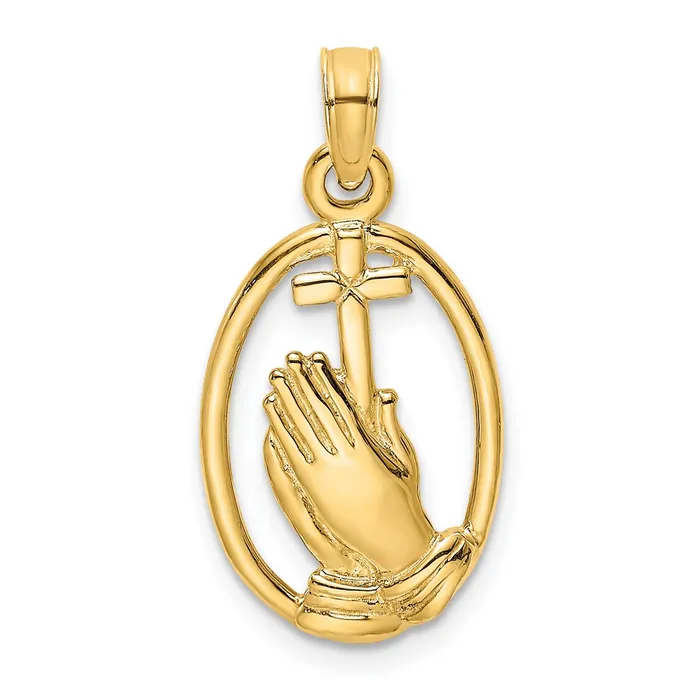 Charm Necklaces TreasureFineJewelers 14K Praying Hands and Cross In Oval Charm Charm Necklaces TreasureFineJewelers 14K Praying Hands and Cross In Oval Charm