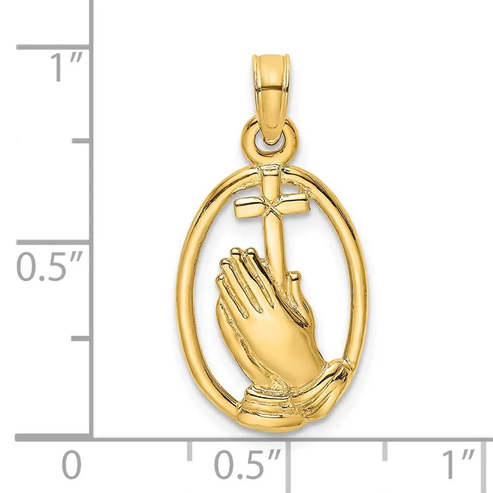 Charm Necklaces TreasureFineJewelers 14K Praying Hands and Cross In Oval Charm