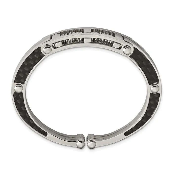 Chisel Stainless Steel Brushed and Polished with Black Carbon Fiber Inlay Hinged Bangle TreasureFineJewelers Bracelets