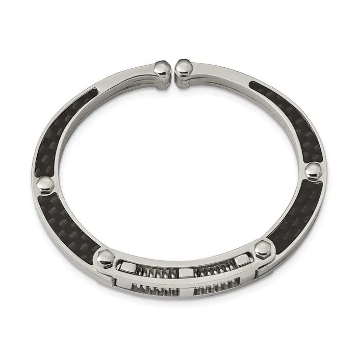 Chisel Stainless Steel Brushed and Polished with Black Carbon Fiber Inlay Hinged Bangle TreasureFineJewelers Bracelets