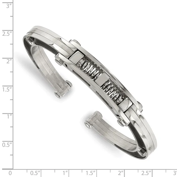 Chisel Stainless Steel Brushed and Polished with Black Carbon Fiber Inlay Hinged Bangle TreasureFineJewelers Bracelets