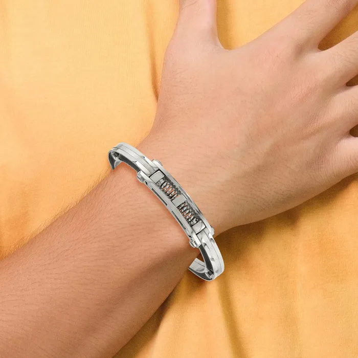 Chisel Stainless Steel Brushed and Polished with Black Carbon Fiber Inlay Hinged Bangle TreasureFineJewelers Bracelets