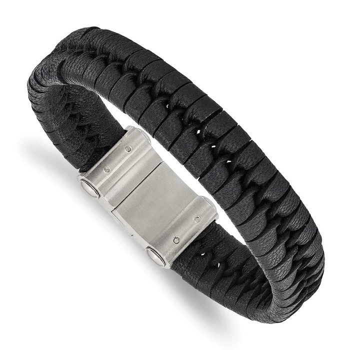 Chisel Stainless Steel Brushed Black Leather 85 inch Bracelet TreasureFineJewelers Bracelets Chisel Stainless Steel Brushed Black Leather 85 inch Bracelet TreasureFineJewelers Bracelets