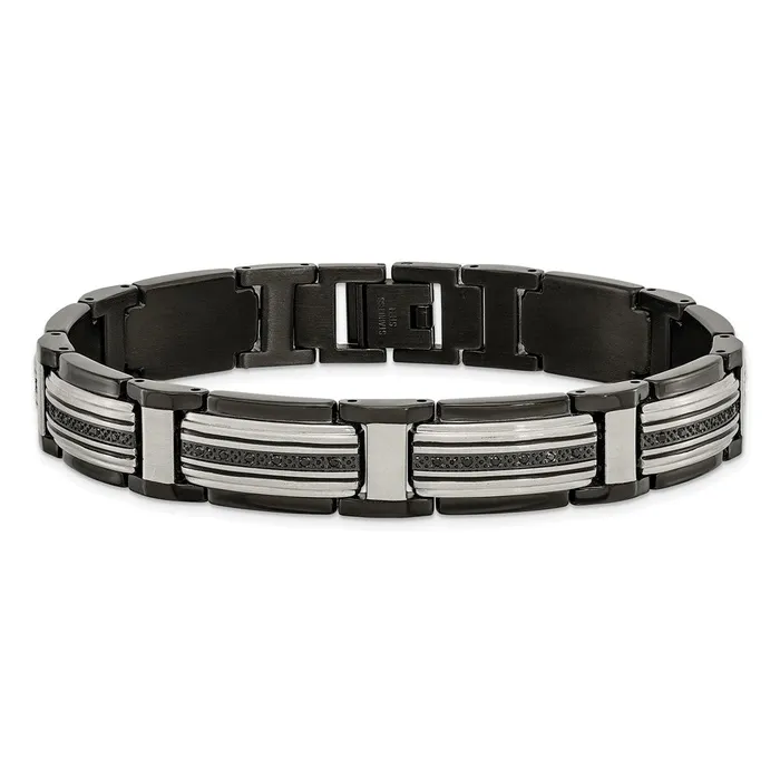 Chisel Stainless Steel Polished Black IPplated with Black CZ 875 inch Link Bracelet TreasureFineJewelers Bracelets