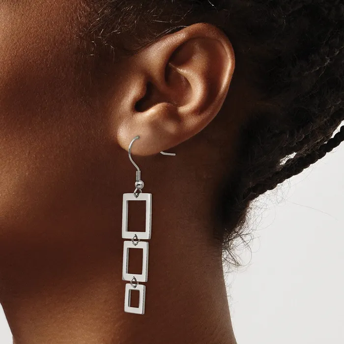 Earrings TreasureFineJewelers Stainless Steel Polished Squares Dangle Shepherd Hook Earrings