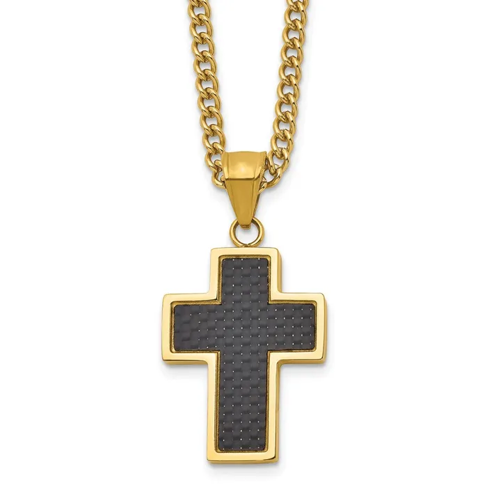 Necklaces Chisel Stainless Steel Polished Yellow IPplated with Black Carbon Fiber Inlay Cross Pendant on a 24 inch Curb Chain Necklace TreasureFineJewelers Necklaces Chisel Stainless Steel Polished Yellow IPplated with Black Carbon Fiber Inlay Cross Pendant on a 24 inch Curb Chain Necklace TreasureFineJewelers