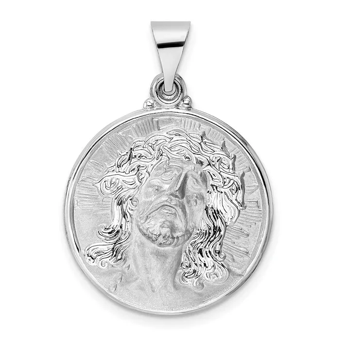 Necklaces TreasureFineJewelers 14k White Gold Polished and Satin Hollow Jesus Face Disc Pendant Necklaces TreasureFineJewelers 14k White Gold Polished and Satin Hollow Jesus Face Disc Pendant