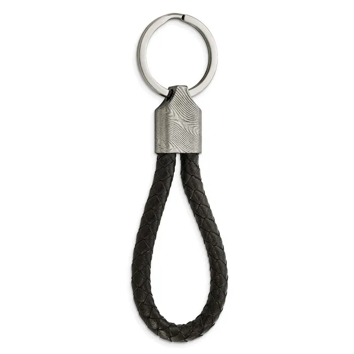 Rings TreasureFineJewelers Chisel Damascus Steel Brushed and Textured Black Leather Key Ring Rings TreasureFineJewelers Chisel Damascus Steel Brushed and Textured Black Leather Key Ring