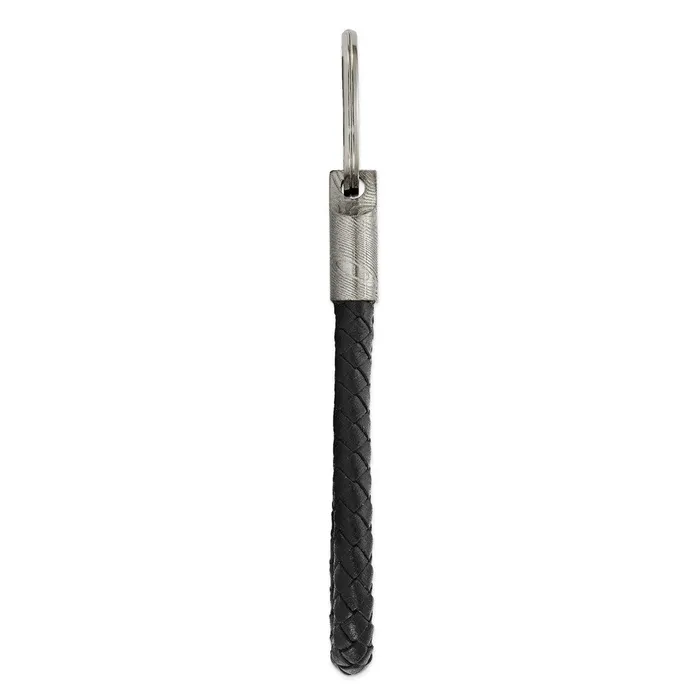 Rings TreasureFineJewelers Chisel Damascus Steel Brushed and Textured Black Leather Key Ring