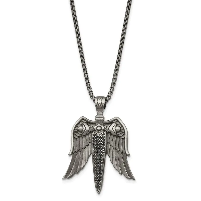 Stainless Steel Antiqued White Bronzeplated CZ Sword Necklace TreasureFineJewelers Necklaces Stainless Steel Antiqued White Bronzeplated CZ Sword Necklace TreasureFineJewelers Necklaces