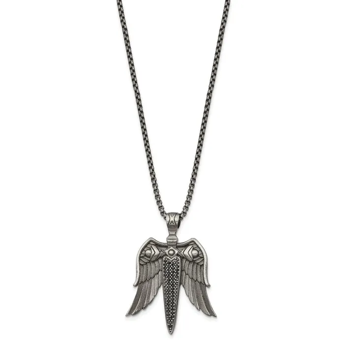 Stainless Steel Antiqued White Bronzeplated CZ Sword Necklace TreasureFineJewelers Necklaces