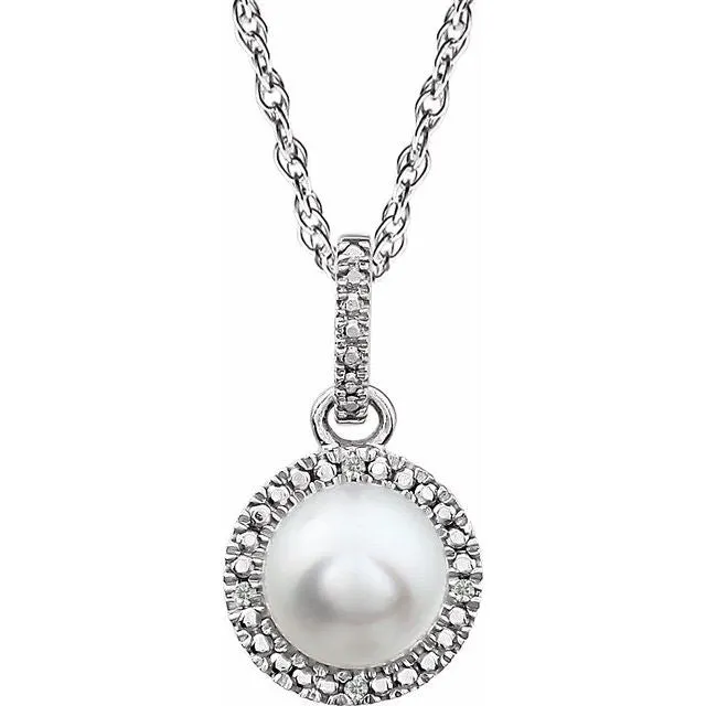 Sterling Silver Cultured White Freshwater Pearl 01 CTW Natural Diamond 18 Necklace TreasureFineJewelers Necklaces Sterling Silver Cultured White Freshwater Pearl 01 CTW Natural Diamond 18 Necklace TreasureFineJewelers Necklaces