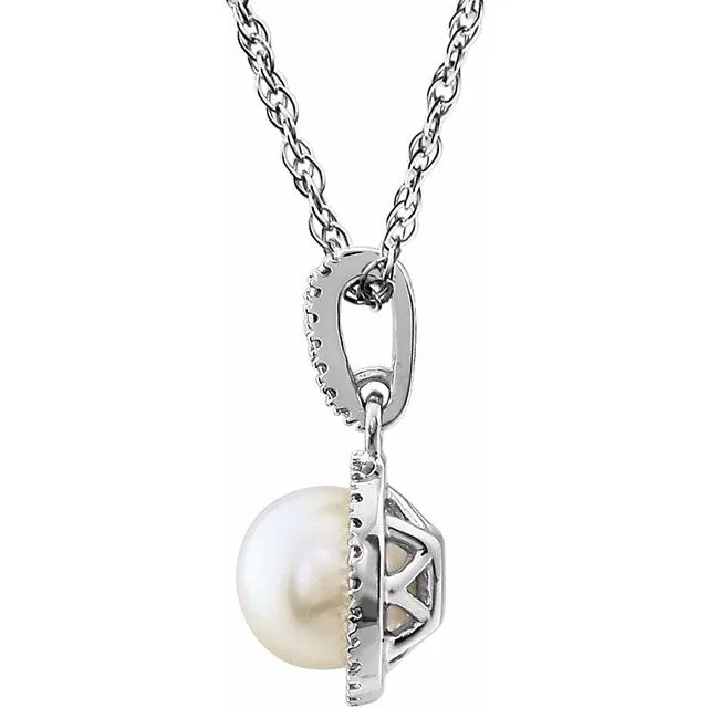 Sterling Silver Cultured White Freshwater Pearl 01 CTW Natural Diamond 18 Necklace TreasureFineJewelers Necklaces