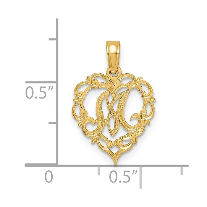 TreasureFineJewelers 14k Yellow Gold Heart Script Letter M Initial Charm Charm Necklaces