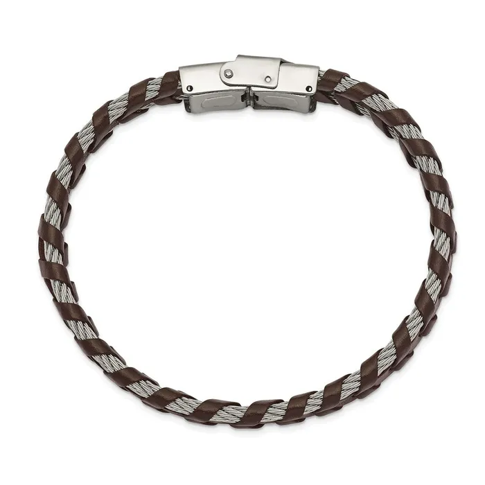TreasureFineJewelers Bracelets Chisel Stainless Steel Polished Cable and Brown Leather 825 inch Bracelet
