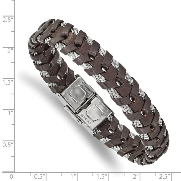 TreasureFineJewelers Bracelets Chisel Stainless Steel Polished Cable and Brown Leather 825 inch Bracelet