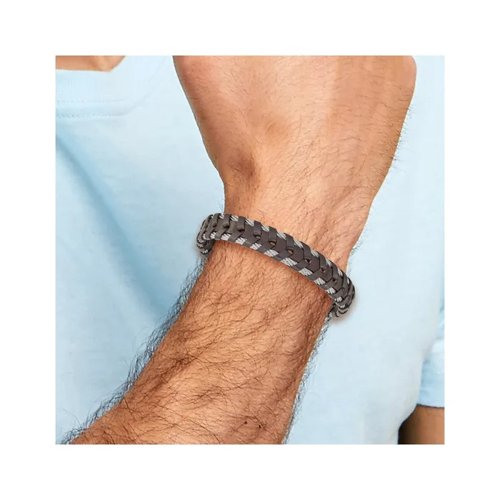 TreasureFineJewelers Bracelets Chisel Stainless Steel Polished Cable and Brown Leather 825 inch Bracelet
