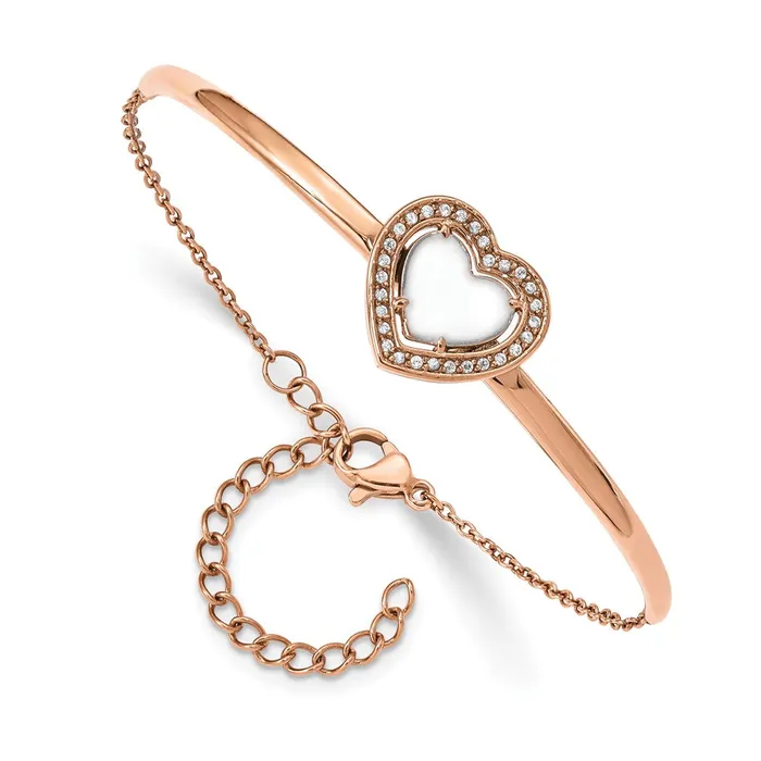TreasureFineJewelers Bracelets Chisel Stainless Steel Polished Rose IPplated White Enameled CZ Heart 65 inch Bangle Bracelet with 2 inch Extension TreasureFineJewelers Bracelets Chisel Stainless Steel Polished Rose IPplated White Enameled CZ Heart 65 inch Bangle Bracelet with 2 inch Extension