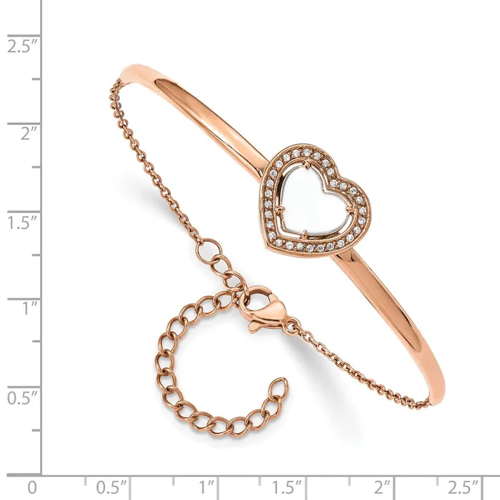 TreasureFineJewelers Bracelets Chisel Stainless Steel Polished Rose IPplated White Enameled CZ Heart 65 inch Bangle Bracelet with 2 inch Extension