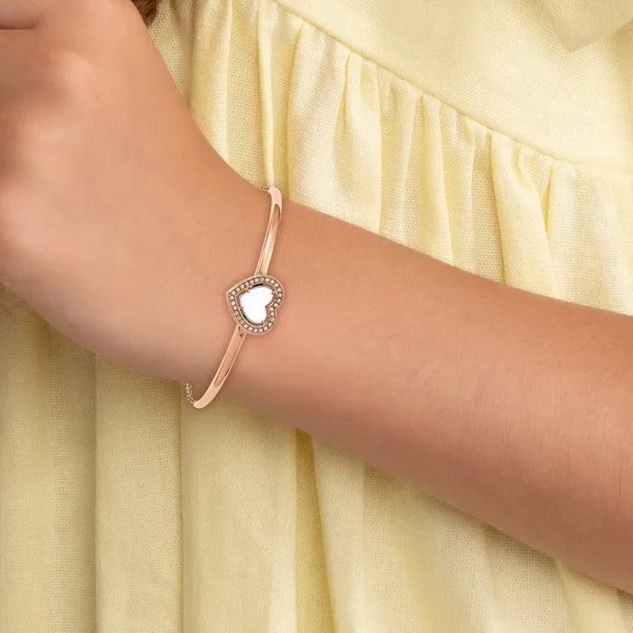 TreasureFineJewelers Bracelets Chisel Stainless Steel Polished Rose IPplated White Enameled CZ Heart 65 inch Bangle Bracelet with 2 inch Extension