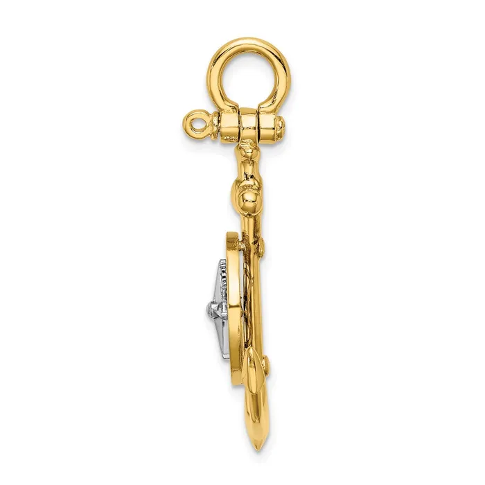 TreasureFineJewelers Charm Necklaces 14K 3D Anchor w Compass and Rhodium Needle Charm