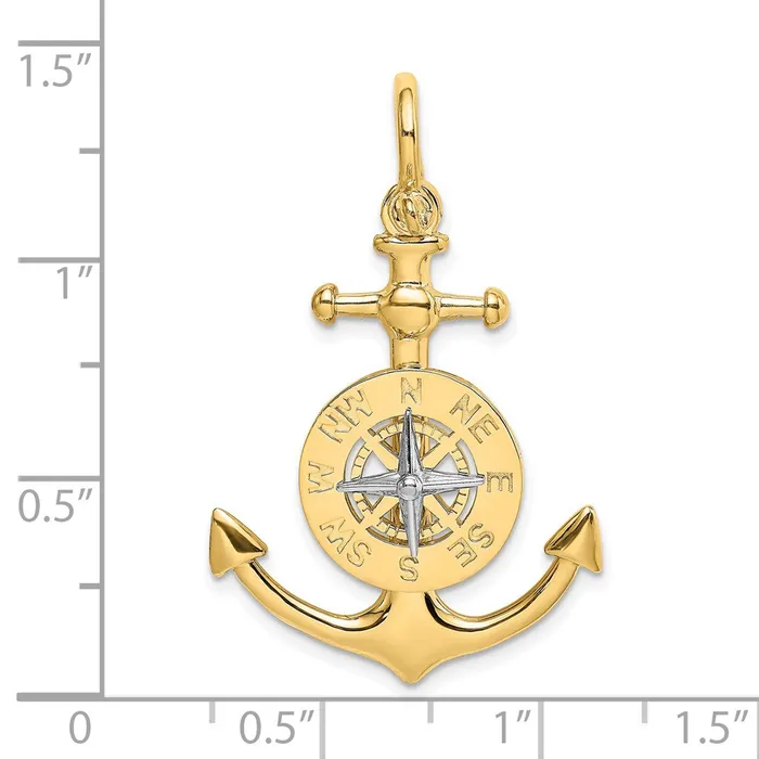 TreasureFineJewelers Charm Necklaces 14K 3D Anchor w Compass and Rhodium Needle Charm