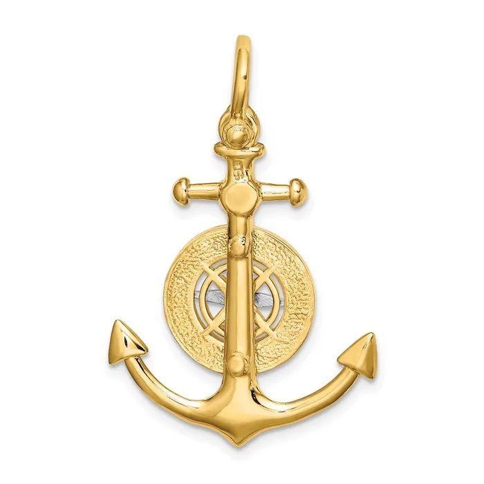 TreasureFineJewelers Charm Necklaces 14K 3D Anchor w Compass and Rhodium Needle Charm