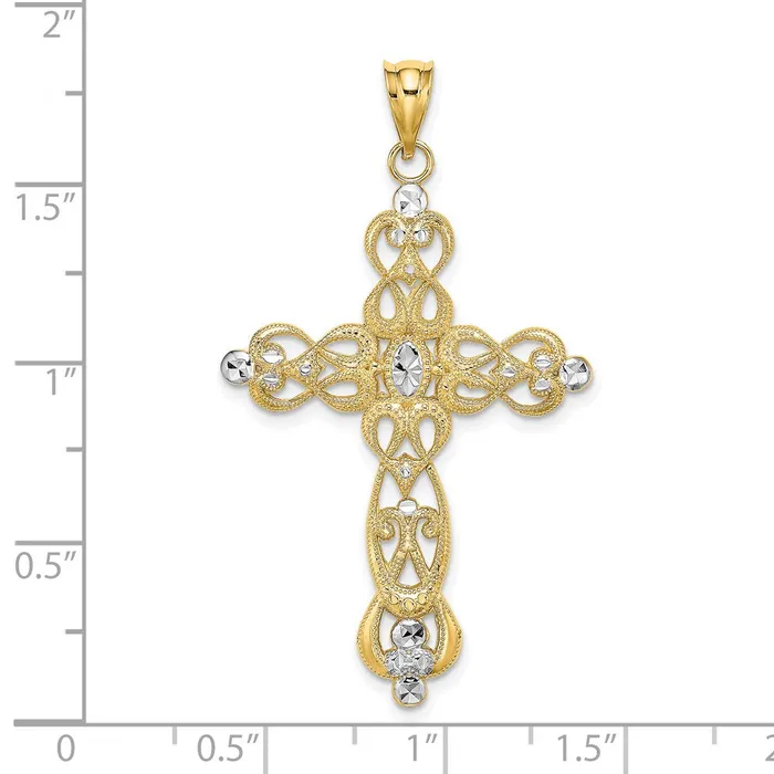 TreasureFineJewelers Charm Necklaces 14K W Rhodium Scroll Design and DC Cross Charm