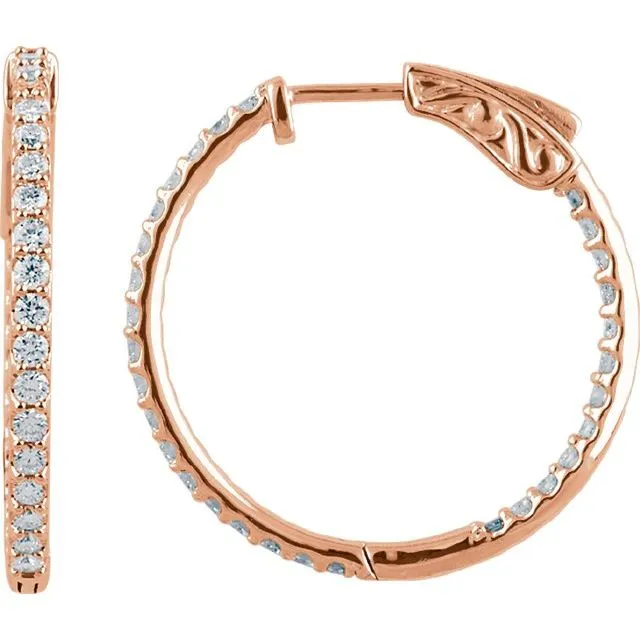 TreasureFineJewelers Earrings 14K Rose Gold 265 mm 1 CTW Natural Diamond InsideOutside Hinged Hoop Earrings