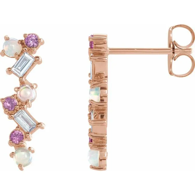 TreasureFineJewelers Earrings 14K Rose Gold Ethiopian Opal Pink Sapphire 110 CTW Diamond Scattered Bar Earrings TreasureFineJewelers Earrings 14K Rose Gold Ethiopian Opal Pink Sapphire 110 CTW Diamond Scattered Bar Earrings