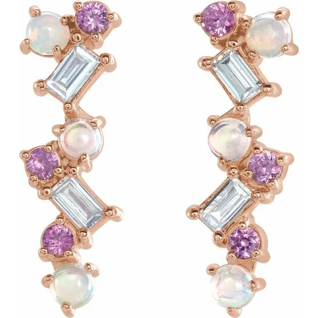 TreasureFineJewelers Earrings 14K Rose Gold Ethiopian Opal Pink Sapphire 110 CTW Diamond Scattered Bar Earrings