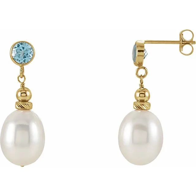 TreasureFineJewelers Earrings 14K Yellow Gold Cultured White Gold Freshwater Pearl Natural Swiss Blue Topaz Earrings TreasureFineJewelers Earrings 14K Yellow Gold Cultured White Gold Freshwater Pearl Natural Swiss Blue Topaz Earrings