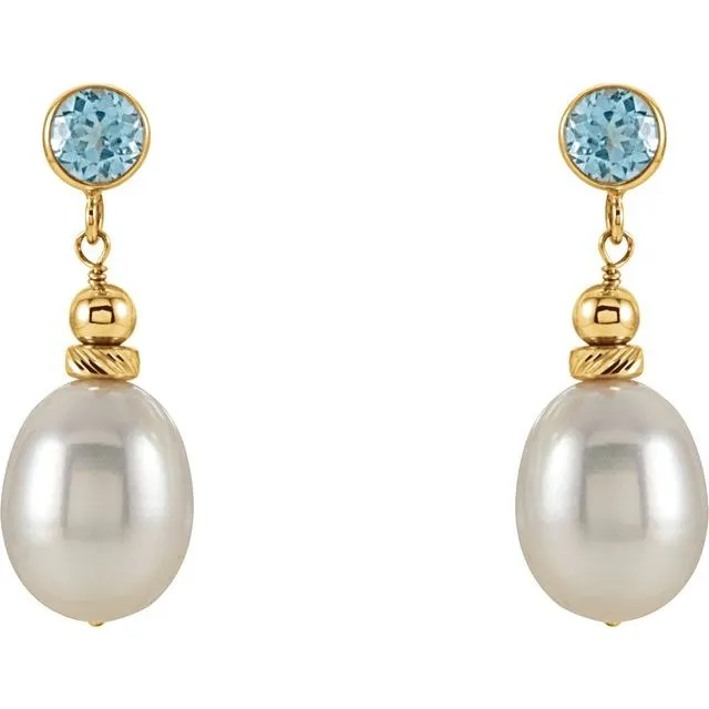 TreasureFineJewelers Earrings 14K Yellow Gold Cultured White Gold Freshwater Pearl Natural Swiss Blue Topaz Earrings