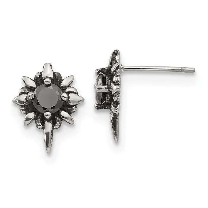 TreasureFineJewelers Earrings Stainless Steel Antiqued and Polished wBlack CZ Post Earrings TreasureFineJewelers Earrings Stainless Steel Antiqued and Polished wBlack CZ Post Earrings