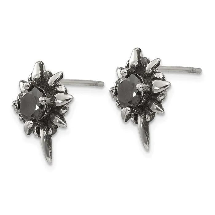 TreasureFineJewelers Earrings Stainless Steel Antiqued and Polished wBlack CZ Post Earrings