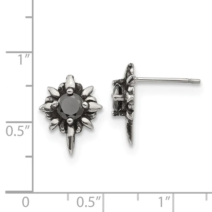 TreasureFineJewelers Earrings Stainless Steel Antiqued and Polished wBlack CZ Post Earrings