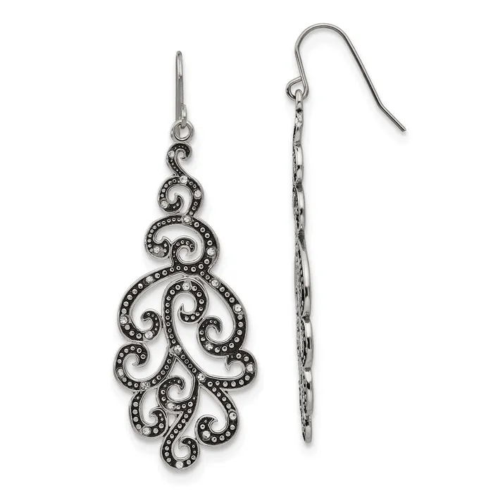 TreasureFineJewelers Earrings Stainless Steel Antiqued Polished Crystal Shepherd Hook Earrings TreasureFineJewelers Earrings Stainless Steel Antiqued Polished Crystal Shepherd Hook Earrings